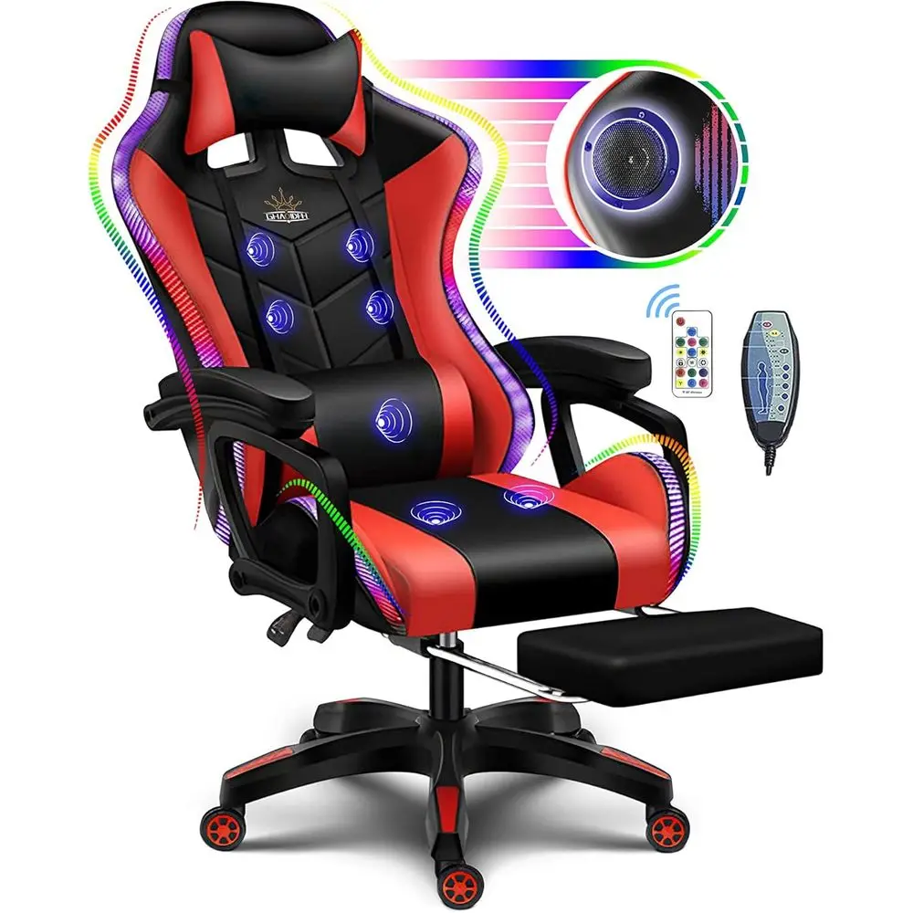 Rgb Gaming Chair - Kırmızı Renkli, LED RGB Işıklı, Hoparlörlü